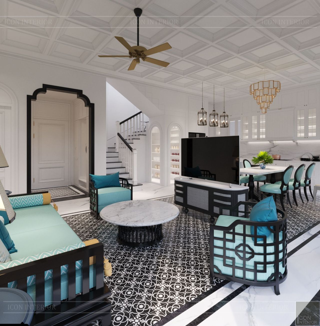 Mẫu thiết kế nội thất phòng khách Duplex Đảo Kim Cương phong cách Indochine