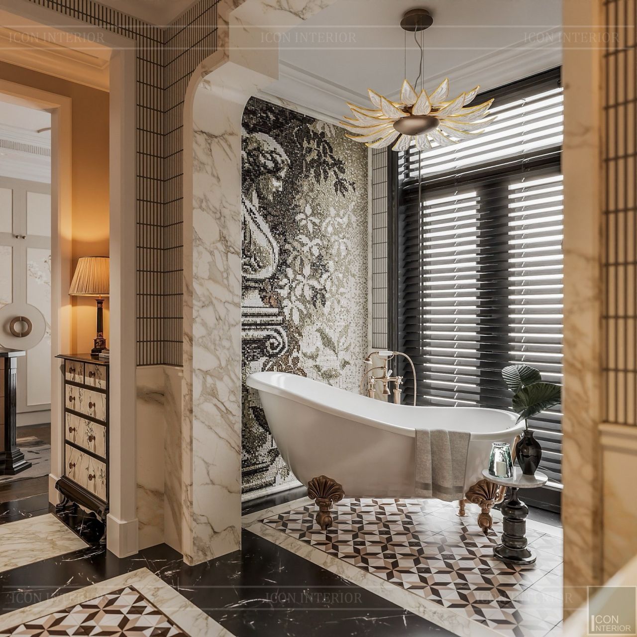 Thiết kế sang trọng, sử dụng gạch mosaic làm điểm nhấn.