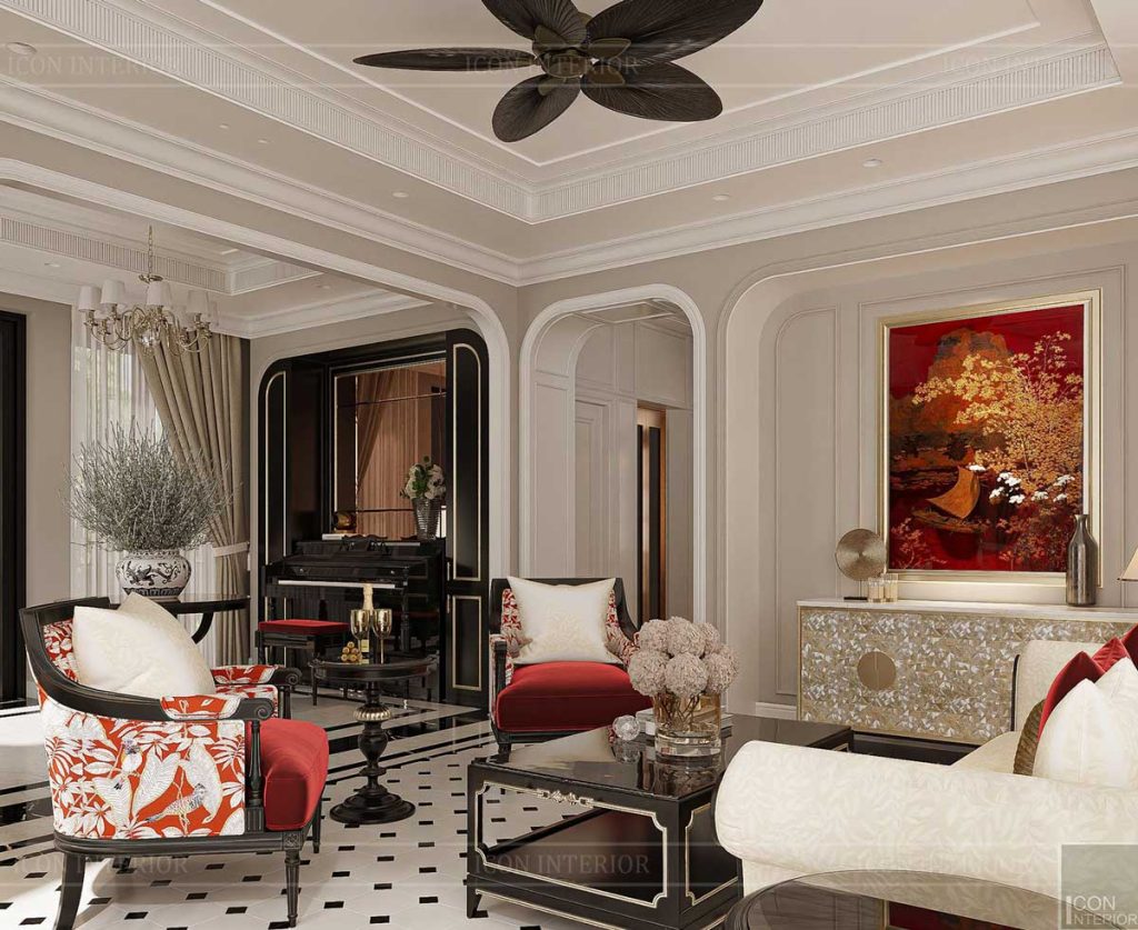 Thiết kế nội thất phòng khách phong cách Indochine.