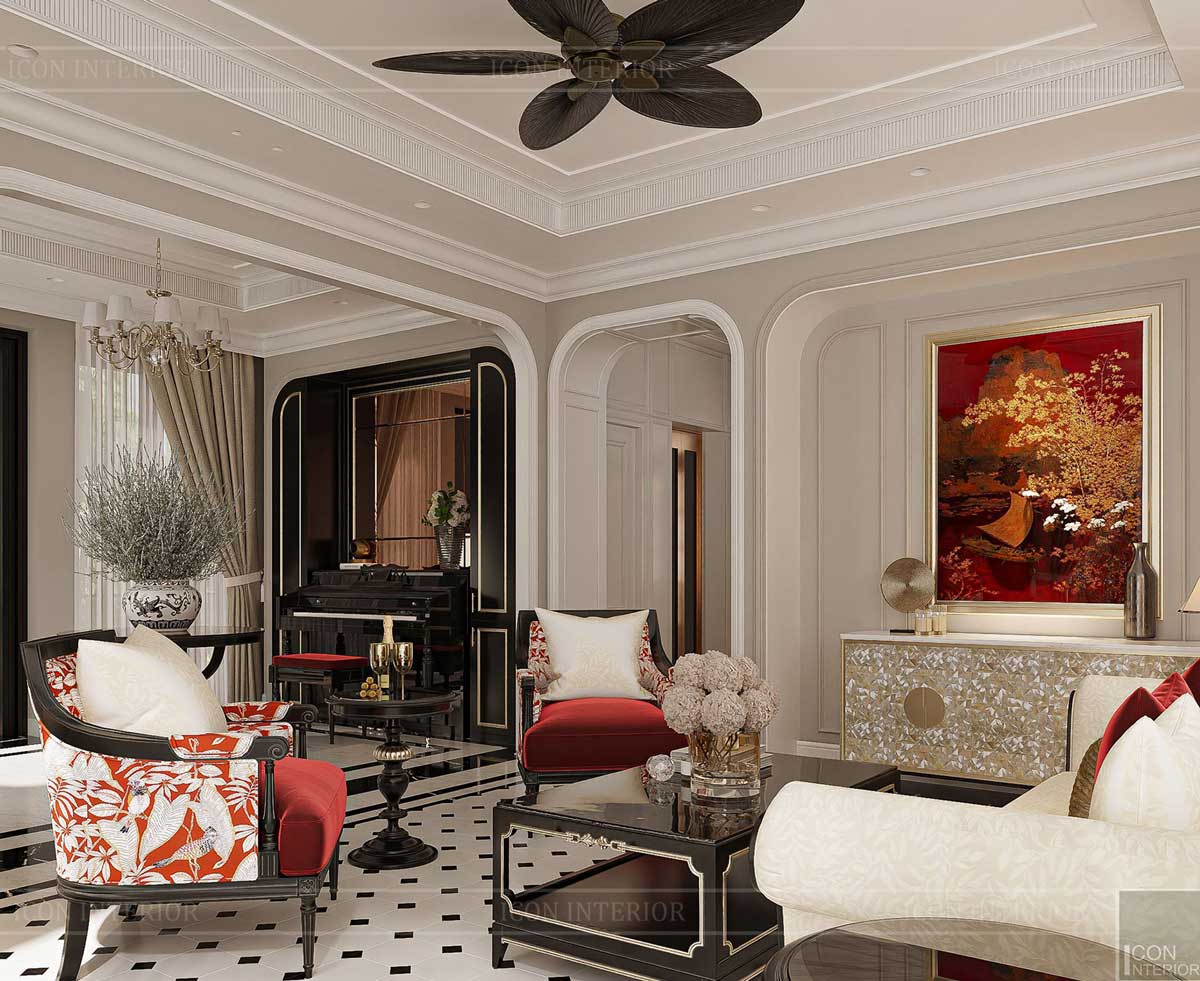 Thiết kế nội thất phòng khách phong cách Indochine.