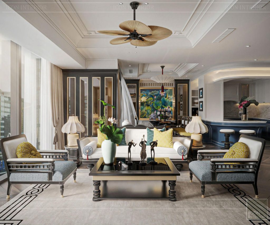 Thiết kế nội thất phòng khách phong cách Indochine.