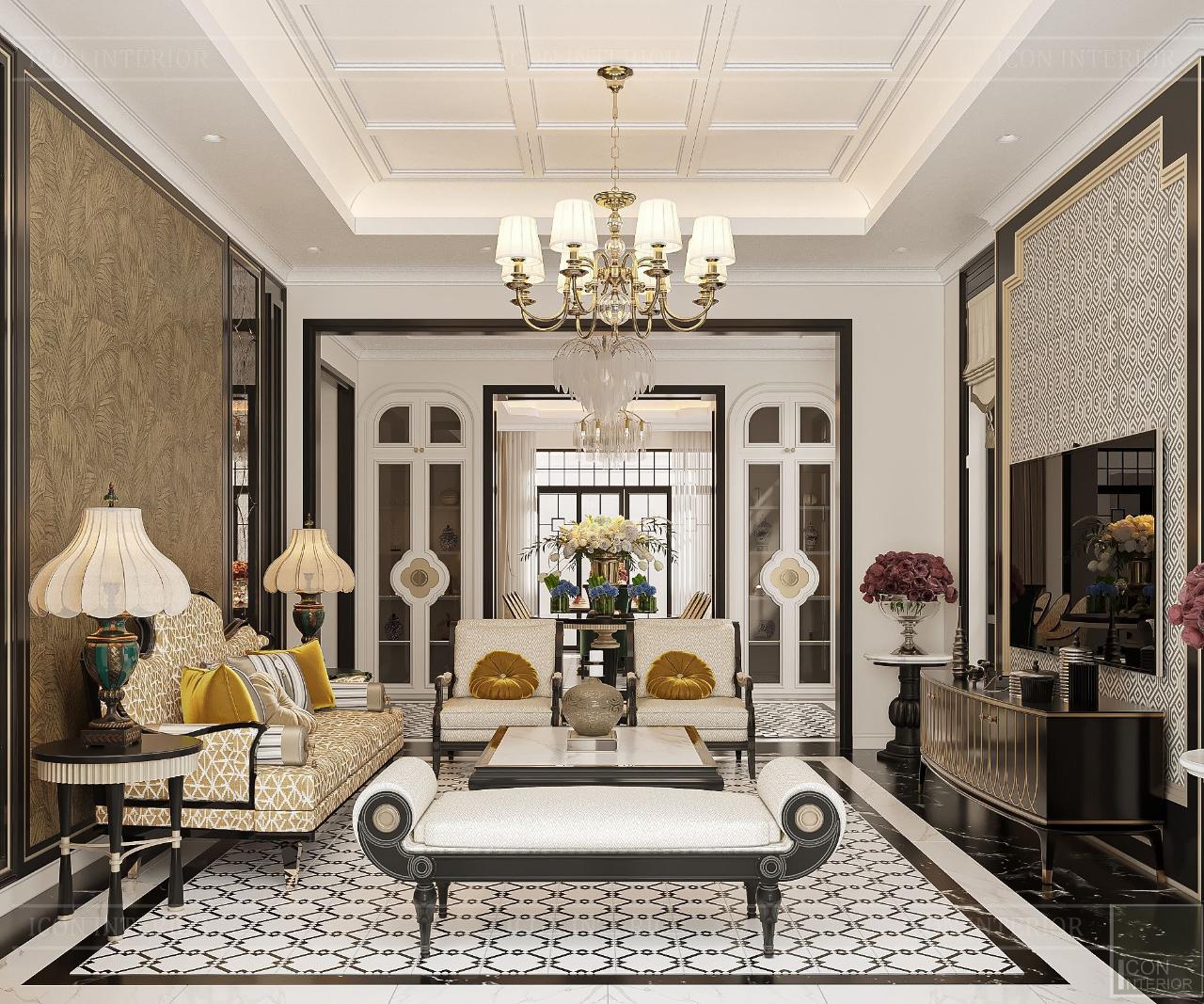 Phòng khách nổi bật với những chi tiết chạm khắc tinh tế trên gỗ, kết hợp cùng các gam màu trung tính như nâu trầm, trắng ngà