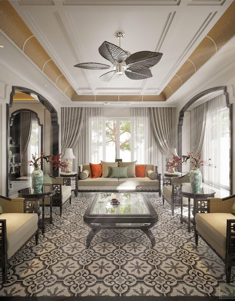 Phòng khách của villa phong cách Indochine là một tác phẩm nghệ thuật kết hợp giữa sự sang trọng và nét truyền thống mộc mạc.