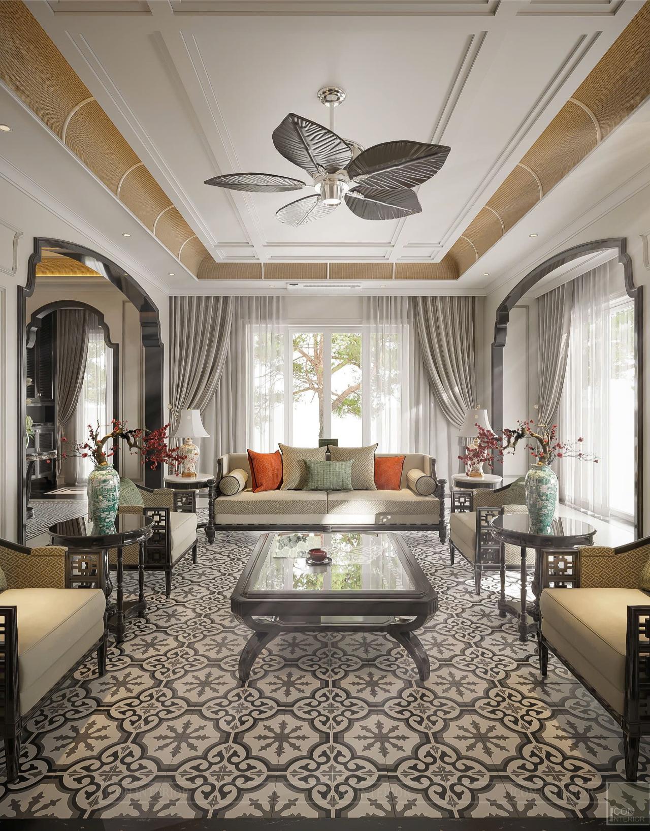 Phòng khách của villa phong cách Indochine là một tác phẩm nghệ thuật kết hợp giữa sự sang trọng và nét truyền thống mộc mạc.