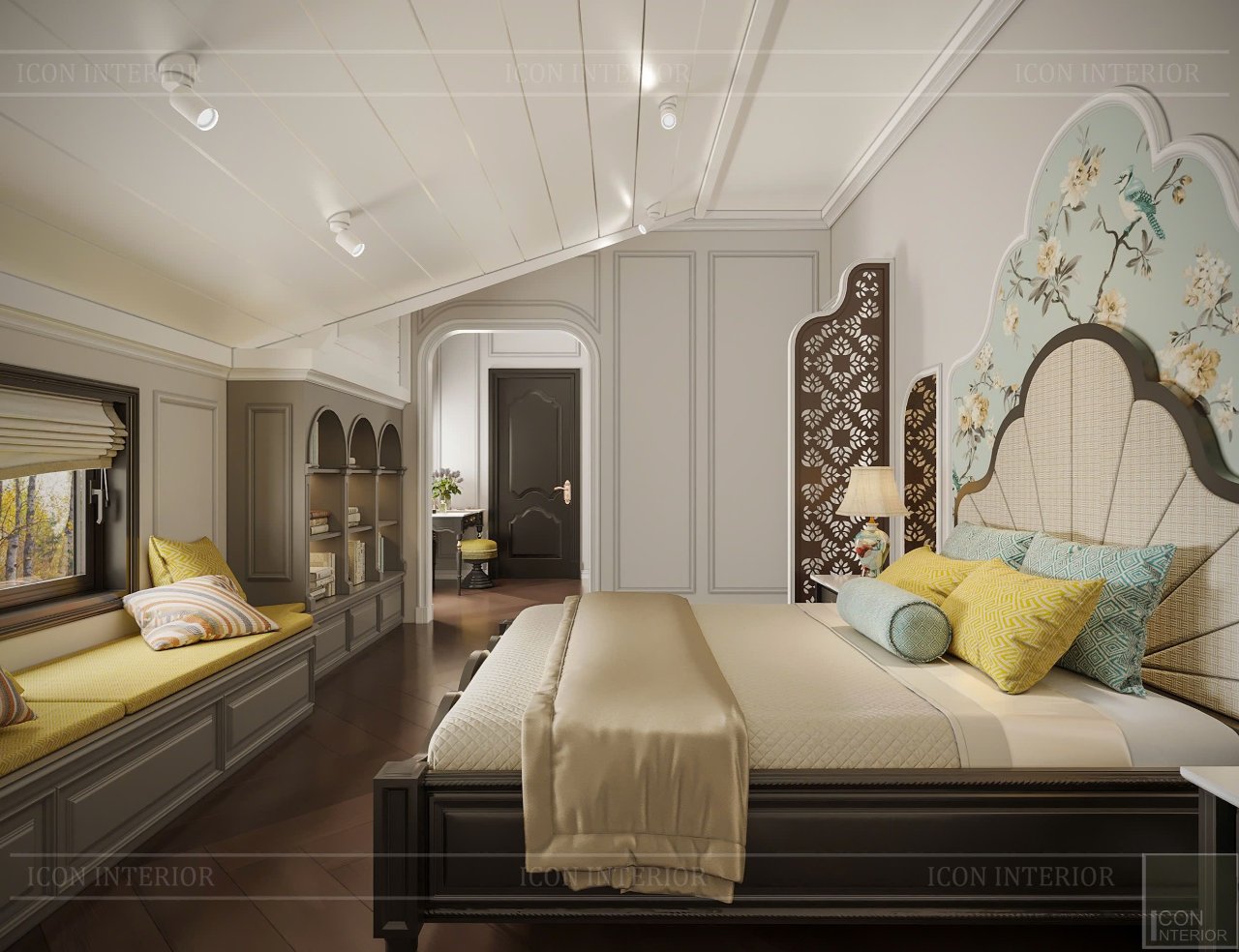 Thiết kế nội thất phòng ngủ phong cách Indochine.